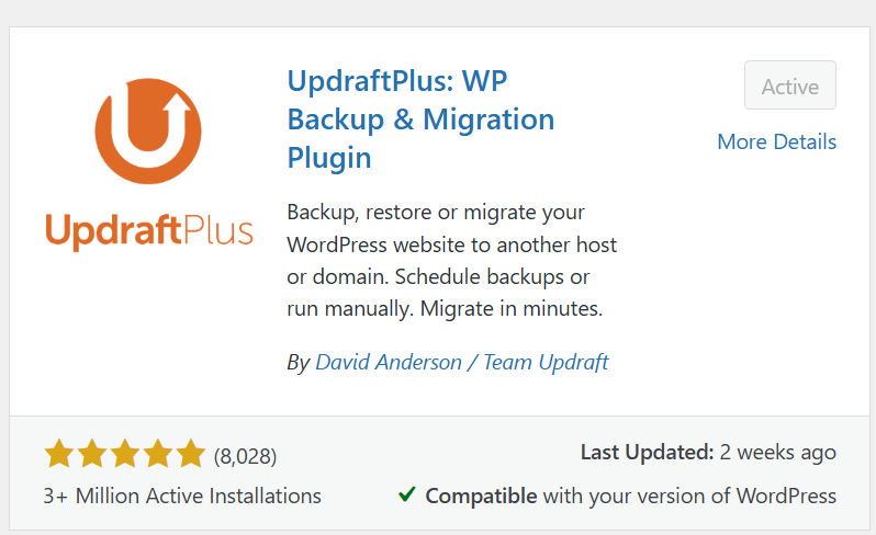 Updraft plugin in WordPress