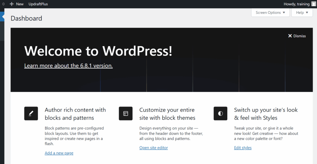 WordPress dashboard