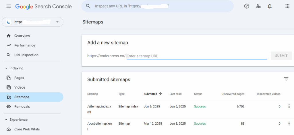 Sitemap submission page in Google Search Console with successful indexed pages